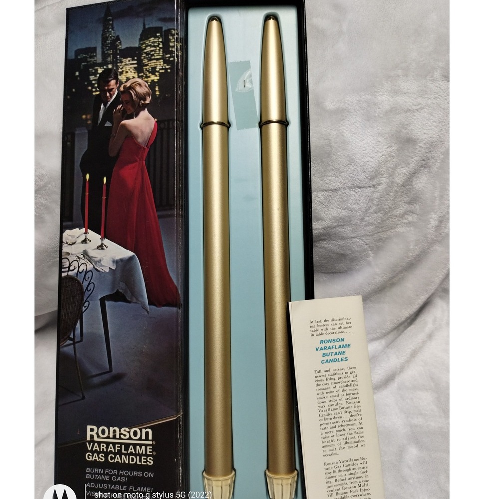 Vintage Ronson Varaflame Gas Candles Gold Butane Refillable MCM Tapers Set of 2‎